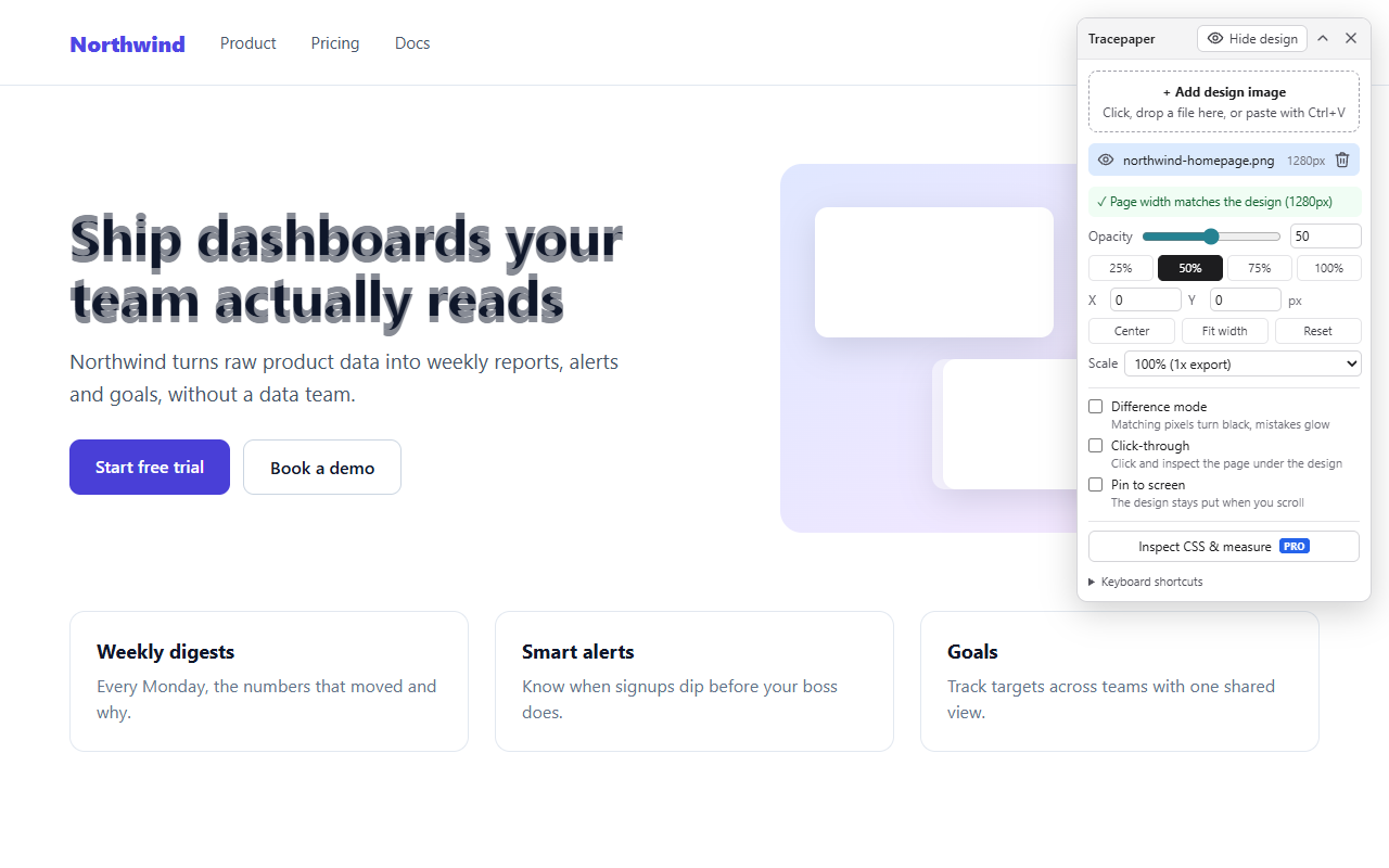 A design mockup overlaid at 50% opacity on a live landing page, with the Tracepaper panel open