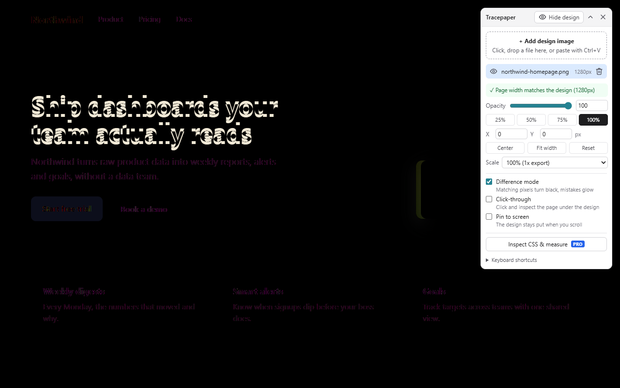 Difference mode: the page is black except for the heading, button and card that don't match the design