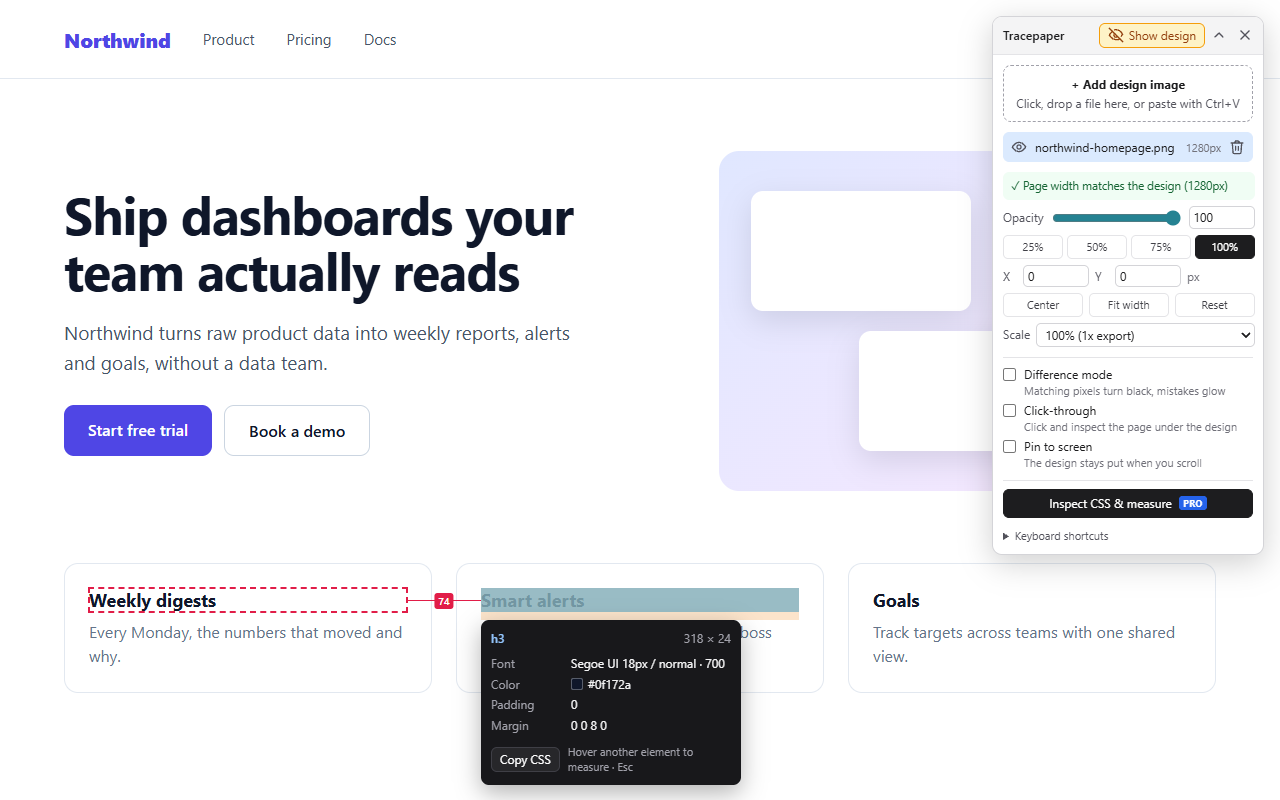 The CSS inspector card showing font, color, padding and margin, with a 74px gap measured between two headings
